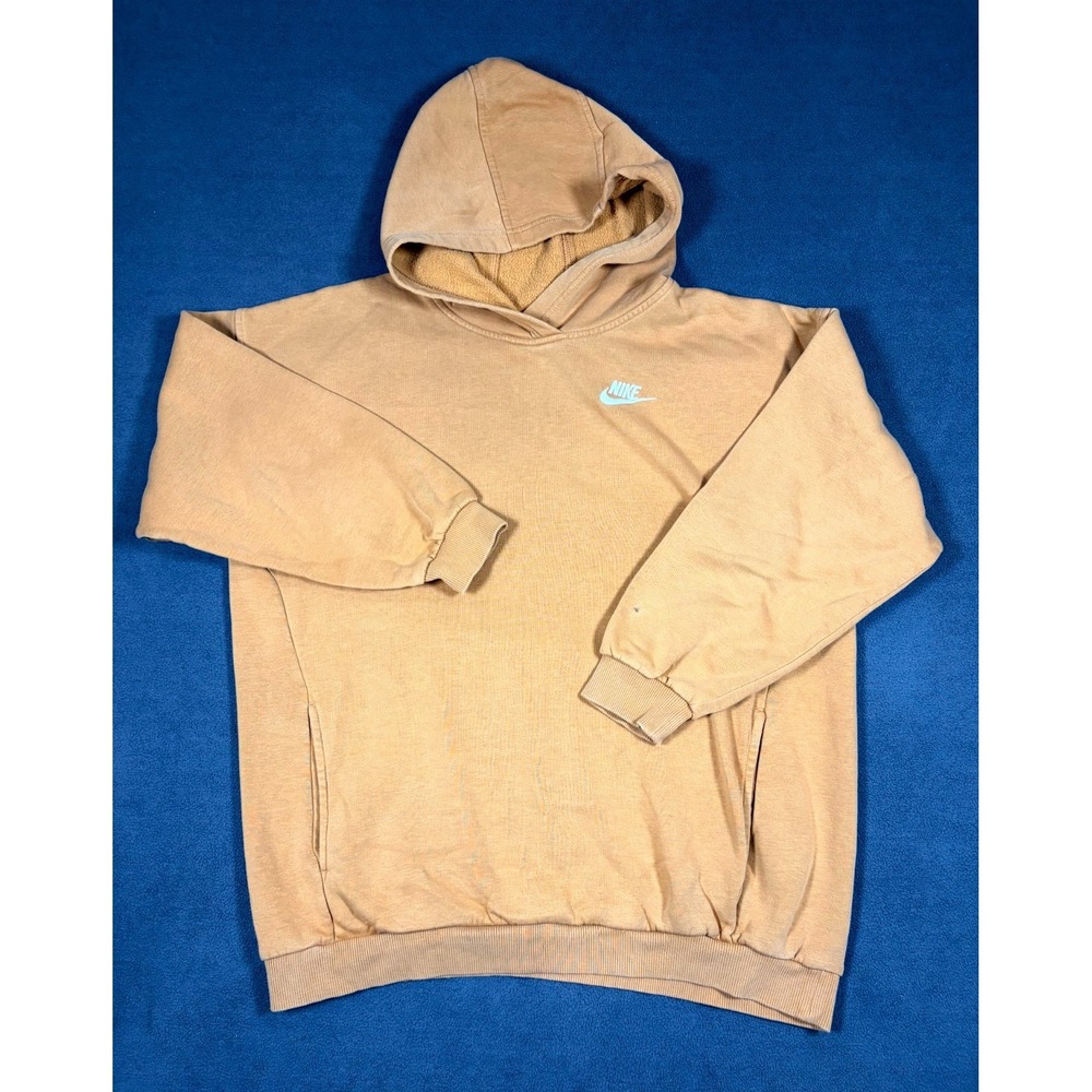 Nike Hoodie Mens Large Beige Embroidered Swoosh Fleece Lined Cotton Ribbed Trims